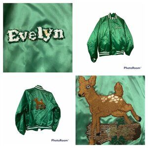 Vintage Green Nylon Varsity Jacket Evelyn Letterman Style Deer Patch Design L